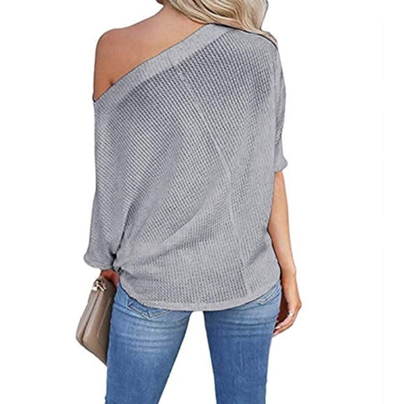 Gray off the shoulder twist knot tunic sweater - Picture 5 of 5